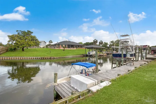 a view of a lake with a patio