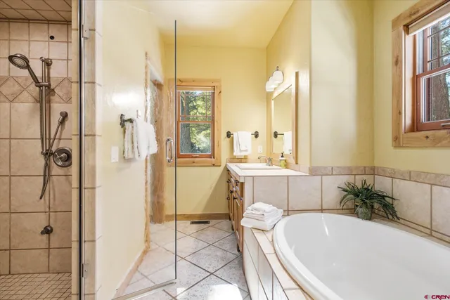 a bathroom with a tub a sink and a shower