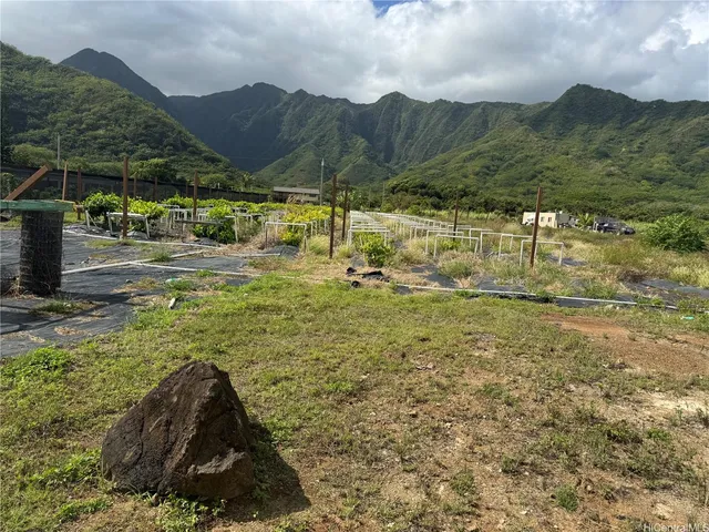 a view of a swimming pool with a yard and mountain view