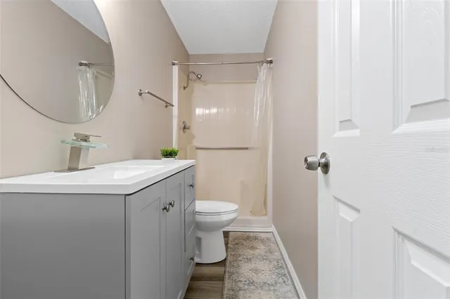 a bathroom with a sink a toilet a mirror and shower