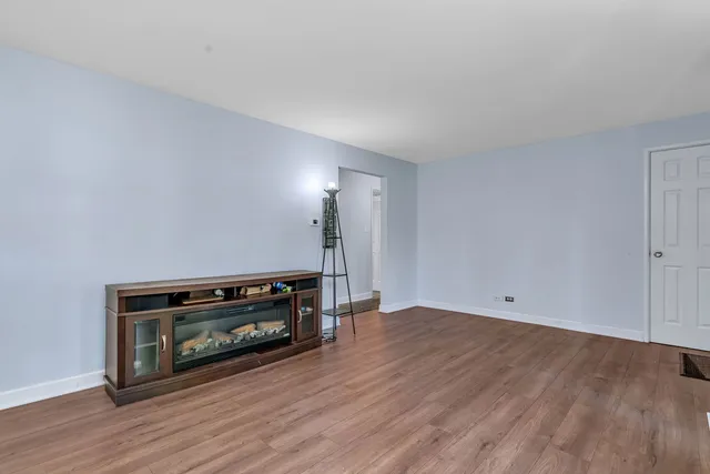 a view of empty room with wooden floor and fireplace
