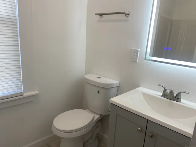 a bathroom with a sink a toilet and a mirror