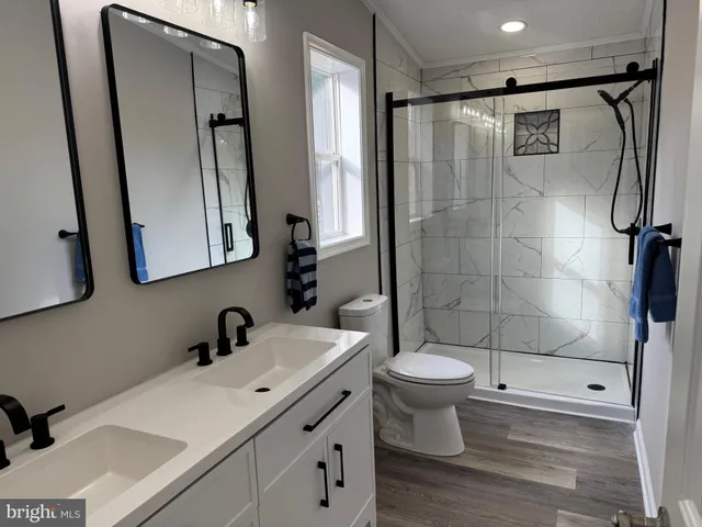 a bathroom with a double vanity sink toilet mirror and shower
