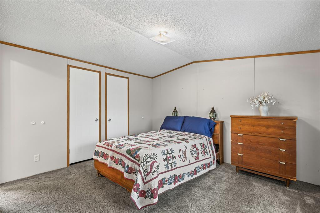 167 Hcr 4105 Covington, TX 76636 - Photo 24 of 32 Bedroom with ornamental molding, carpet, a closet, lofted ceiling, and a textured ceiling