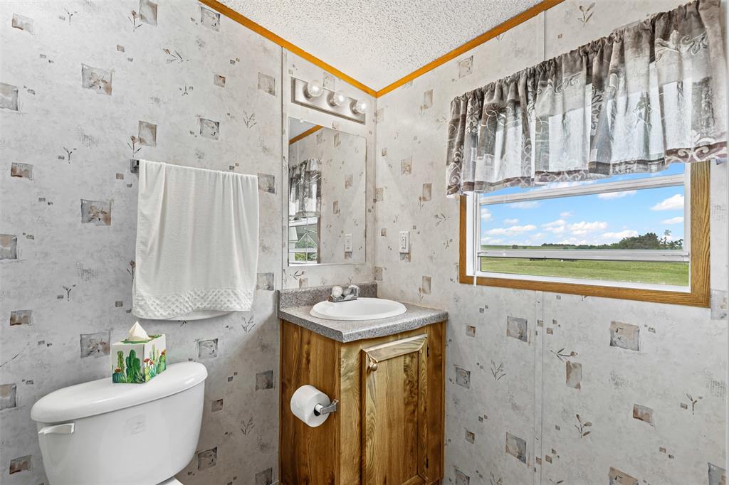 167 Hcr 4105 Covington, TX 76636 - Photo 27 of 32 Bathroom featuring crown molding, vanity, and a textured ceiling