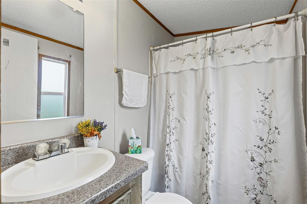 167 Hcr 4105 Covington, TX 76636 - Photo 30 of 32 Bathroom with a textured ceiling, ornamental molding, vanity, and a shower with shower curtain