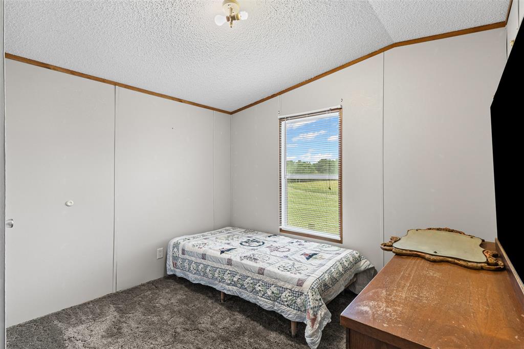 167 Hcr 4105 Covington, TX 76636 - Photo 31 of 32 Bedroom with vaulted ceiling, ornamental molding, a textured ceiling, and carpet flooring