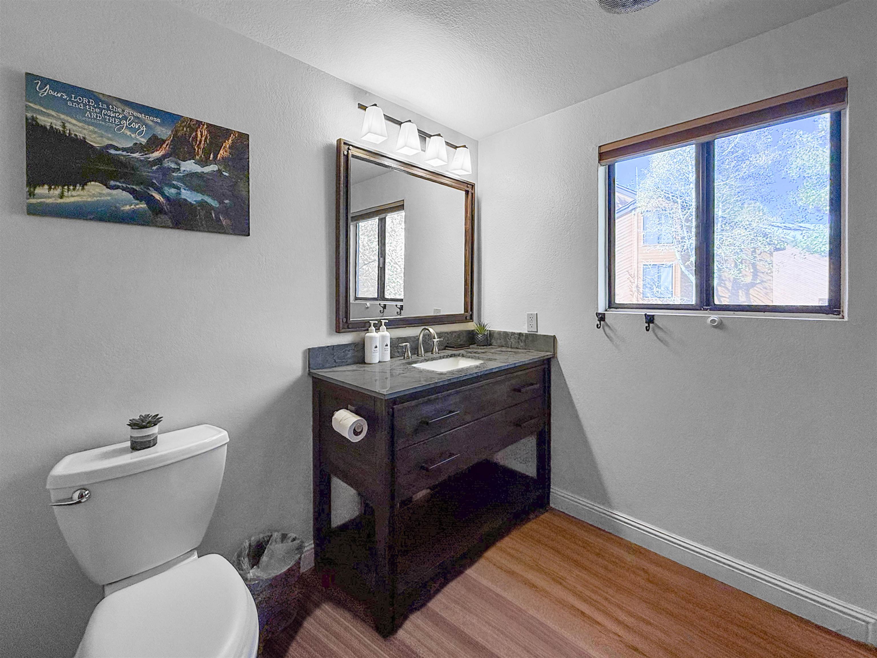 4710 Minaret Road, Unit 3 Mammoth Lakes, CA 93546 - Photo 7 of 30 a bathroom with a toilet a sink and mirror