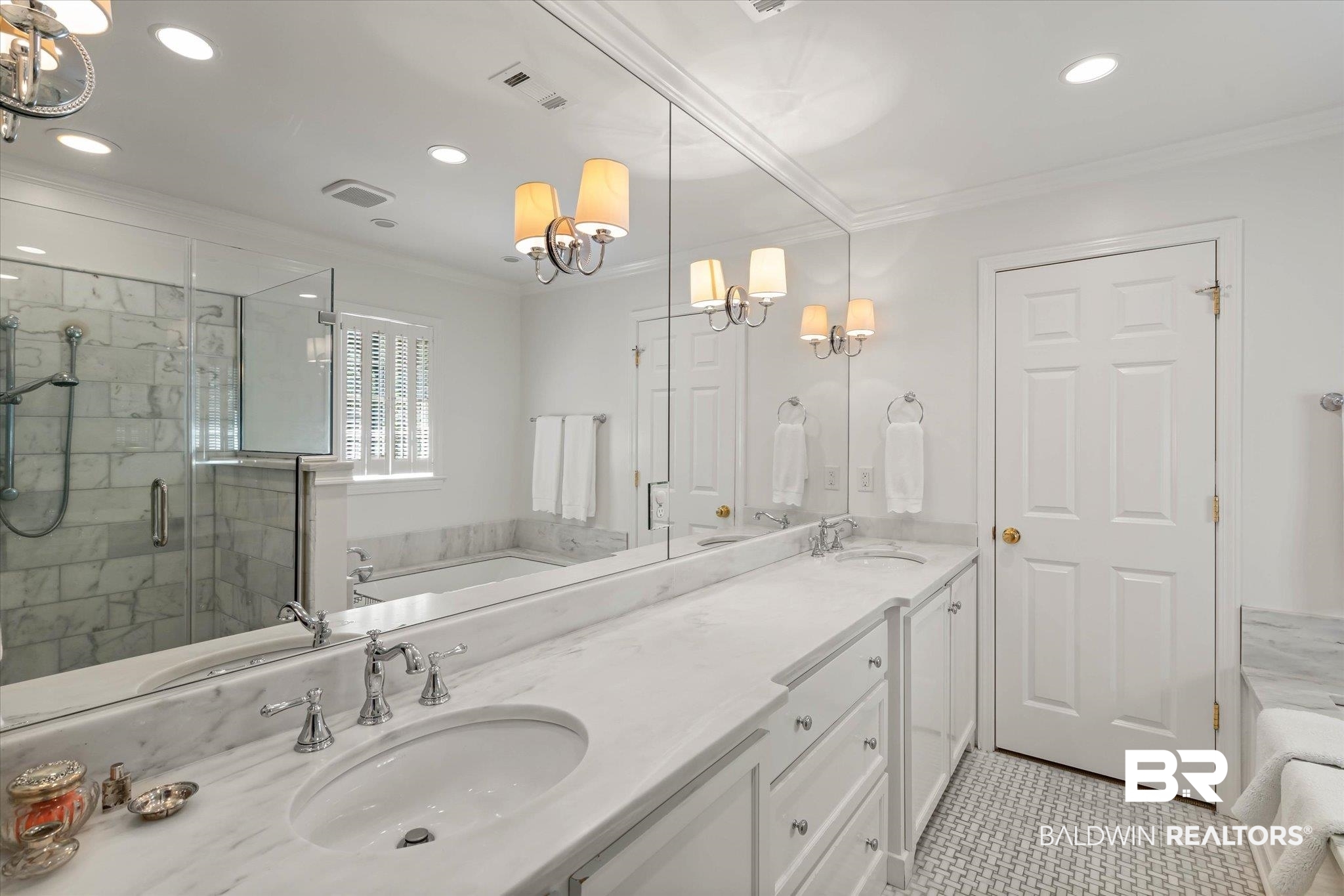 3612 Linden Lane Mobile, AL 36608 - Photo 22 of 42 Full bath with a bath, recessed lighting, a shower stall, double vanity, and ornamental molding
