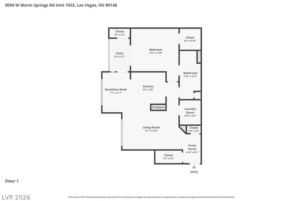 9050 West Warm Springs Road, Unit 1033 Las Vegas, NV 89148 - Photo 26 of 26 A well-designed floor plan details the layout, featuring a cozy fireplace in the living room and a private patio.
