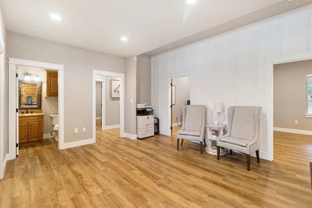 a view of a dining room with furniture