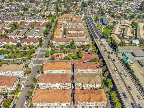 a city view with tall buildings