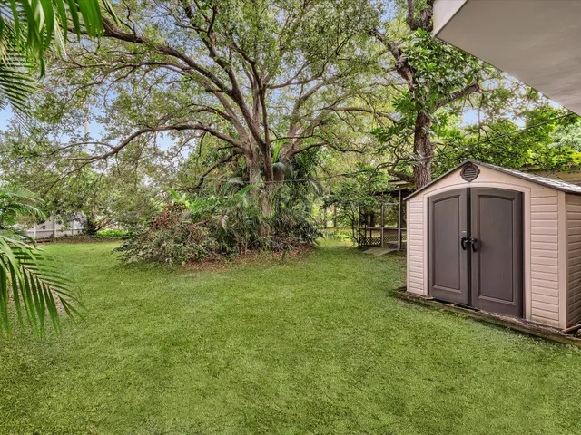 a view of backyard with large trees