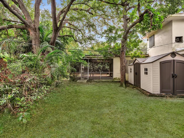 a view of a backyard with large trees