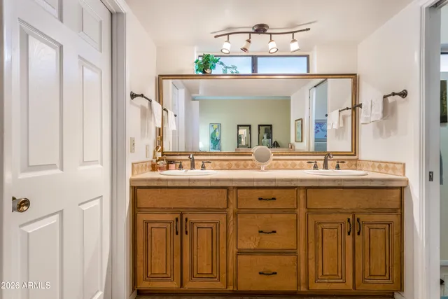 a bathroom with a sink vanity and a mirror