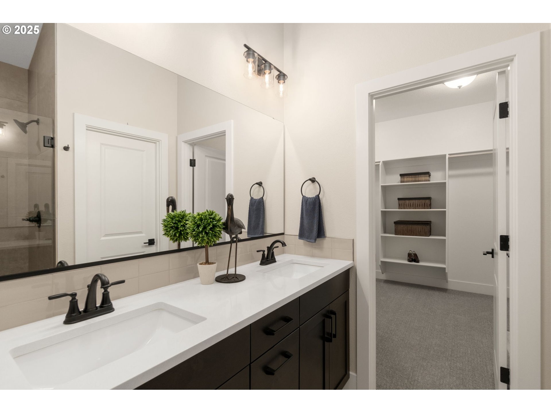 4753 Northwest Camas Meadows Drive Camas, WA 98607 - Photo 12 of 23 a bathroom with a double vanity sink a mirror and a shower