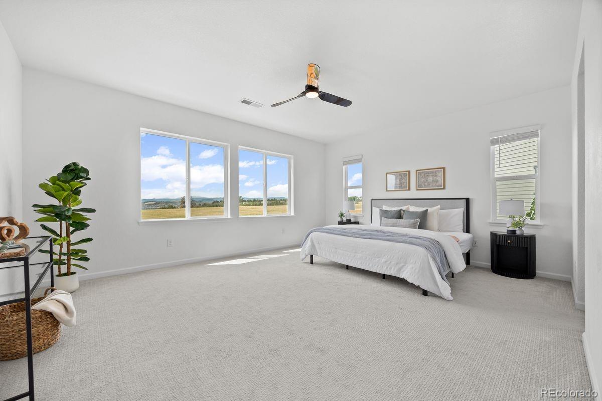 6346 Rockingham Way Castle Pines, CO 80108 - Photo 17 of 43 a spacious bedroom with a large bed and a potted plant