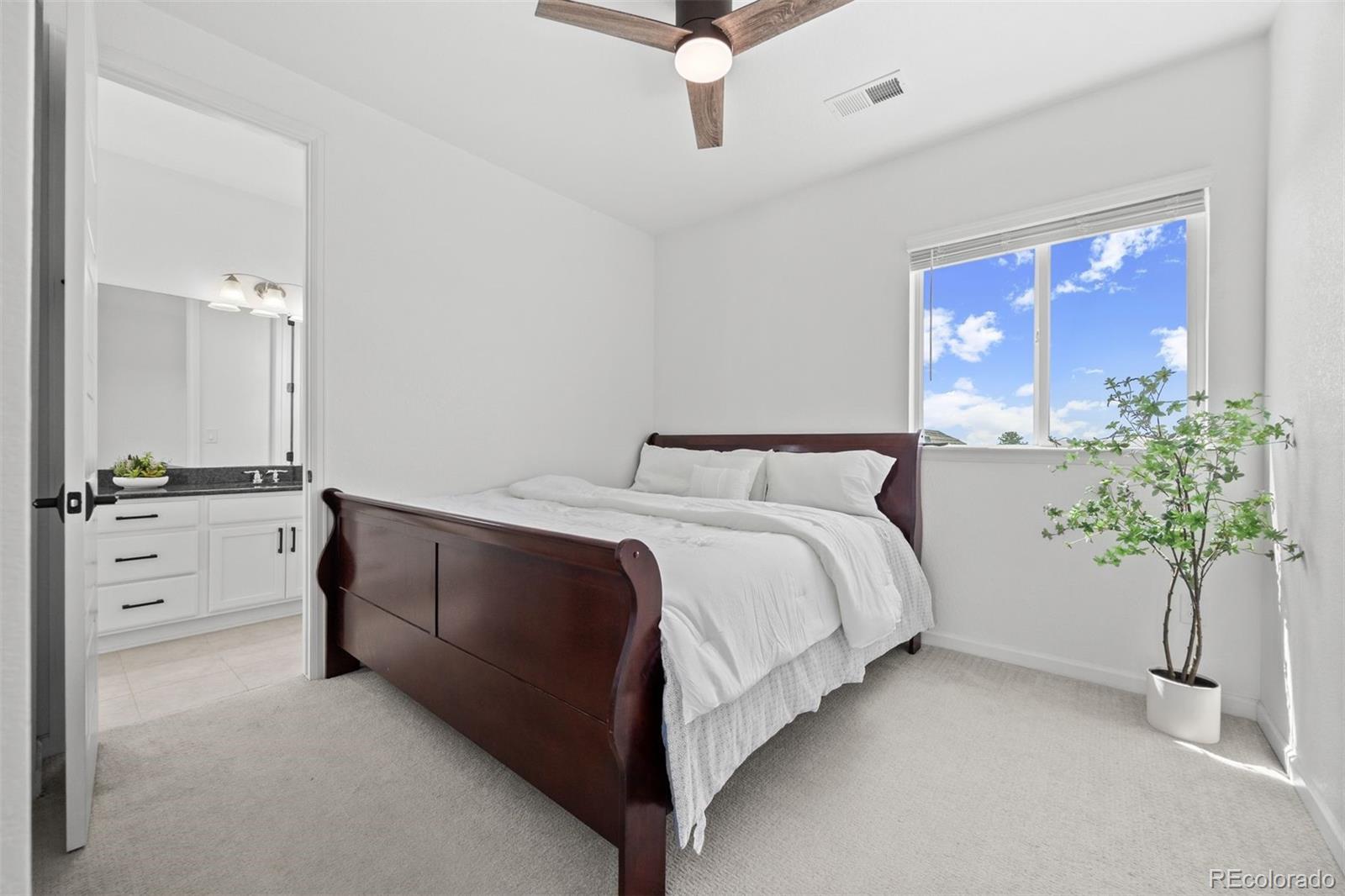 6346 Rockingham Way Castle Pines, CO 80108 - Photo 23 of 43 a spacious bedroom with a bed and a potted plant