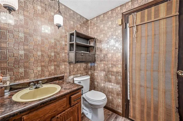 a bathroom with a sink a toilet and mirror