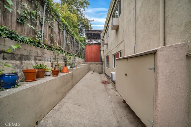 a view of a street with sitting area
