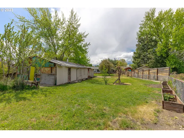 a view of a backyard with large trees