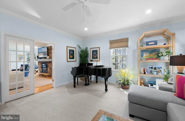 a living room with furniture and a table