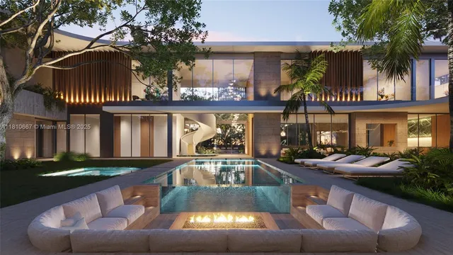 a view of a cafe with a table and chairs under an umbrella with a fire pit