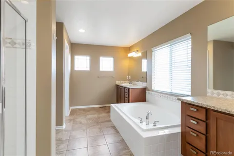 a bathroom with a tub a sink a mirror and a shower