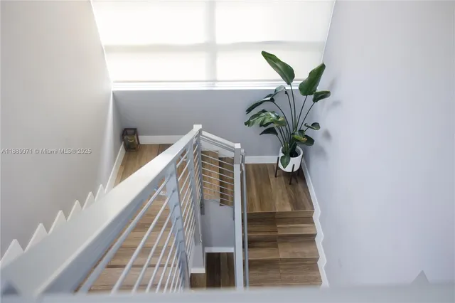 a view of staircase with wooden floor and a potted plant