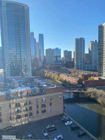 a city view with tall buildings