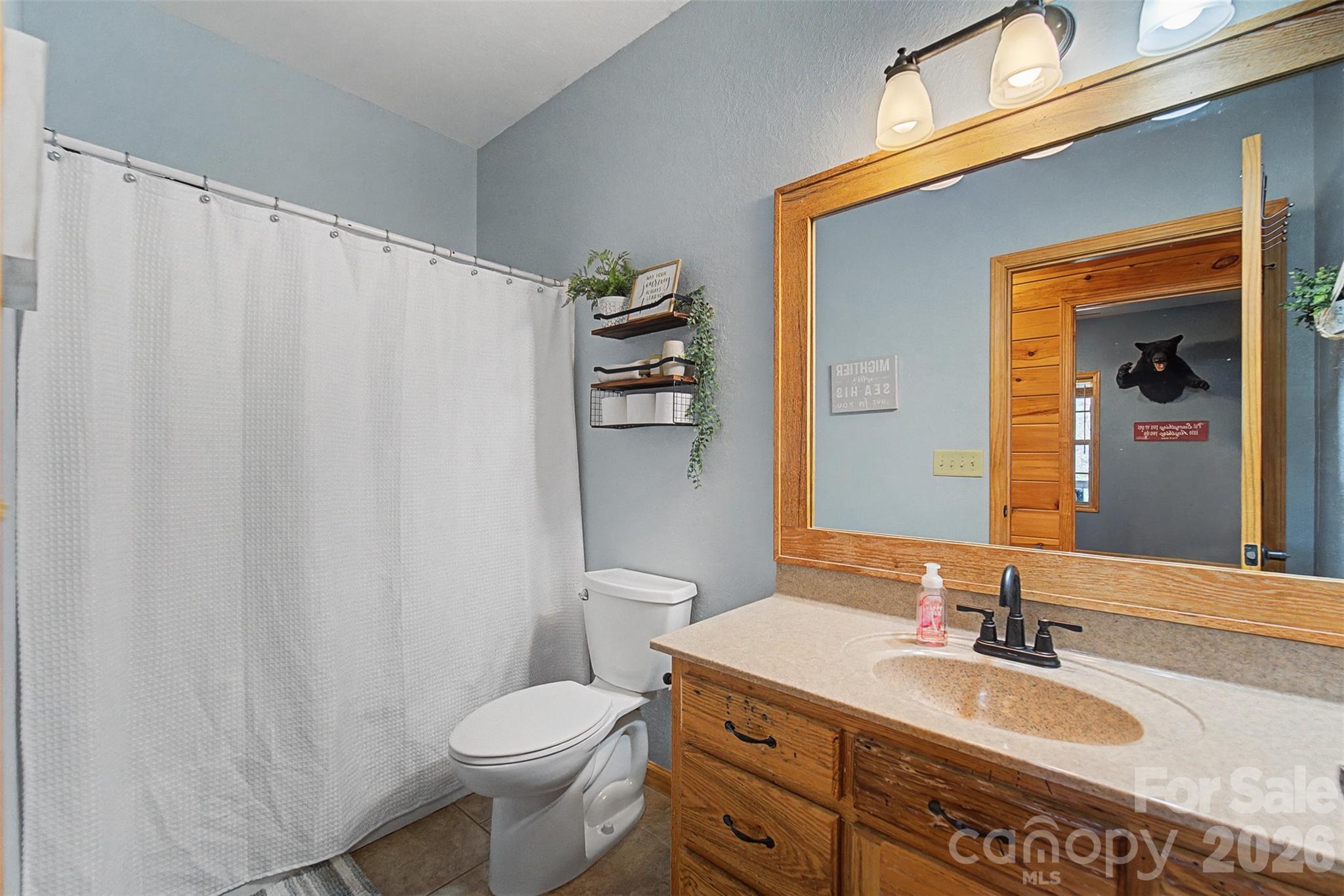 1960 Atoah Road Robbinsville, NC 28771 - Photo 27 of 48 a bathroom with a granite countertop sink toilet and mirror