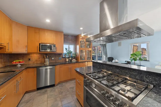 a kitchen with stainless steel appliances granite countertop a stove a sink dishwasher and a microwave
