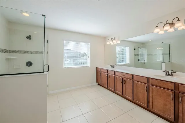a bathroom with a double vanity sink a large mirror and a shower