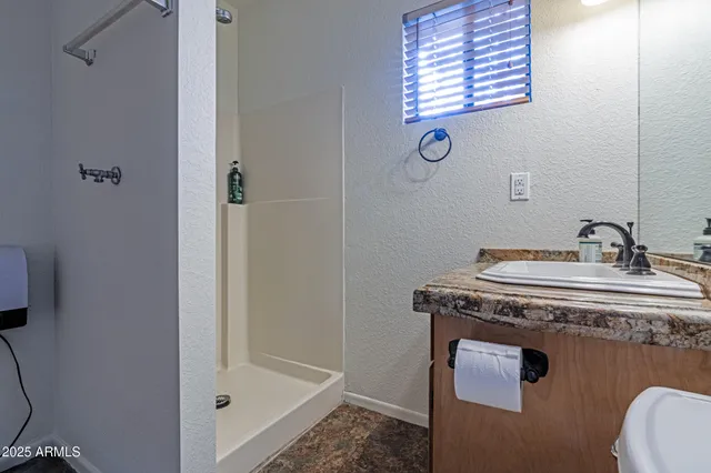 a bathroom with a shower and a sink