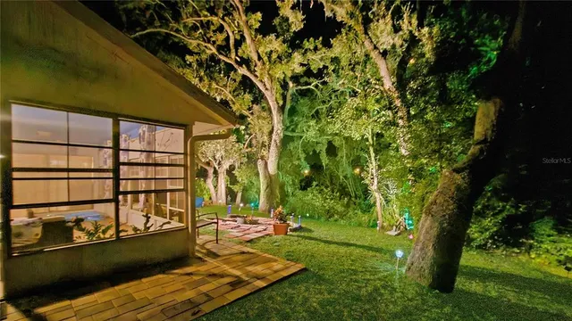 a view of a backyard with couches plants and large trees
