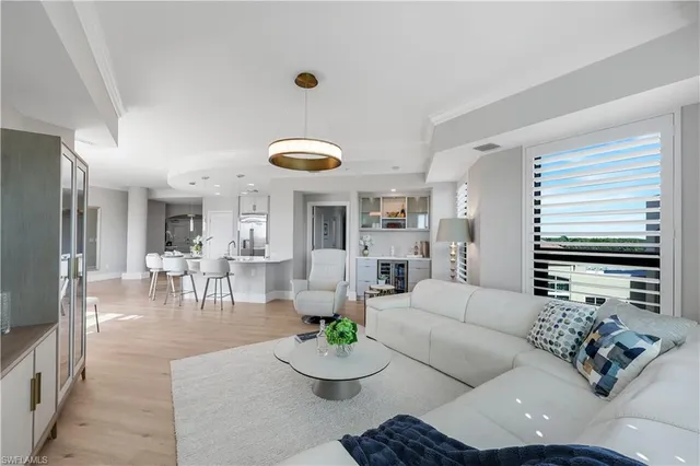 a view of a living room with furniture and palm tree