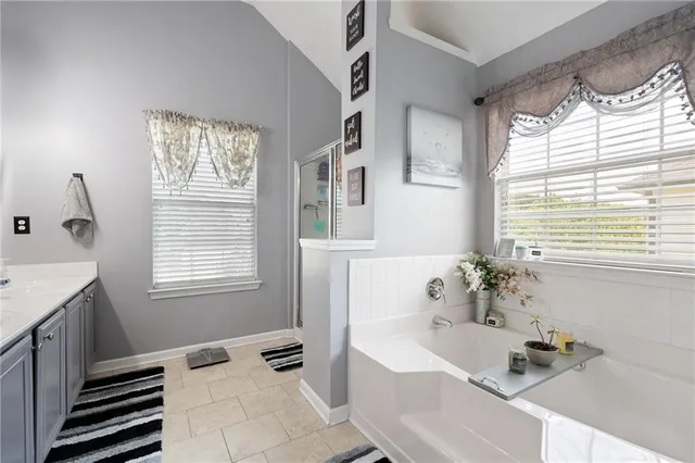 a bathroom with a tub sink and mirror