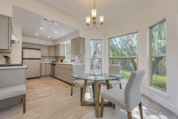 a view of a dining room with furniture window and outside view