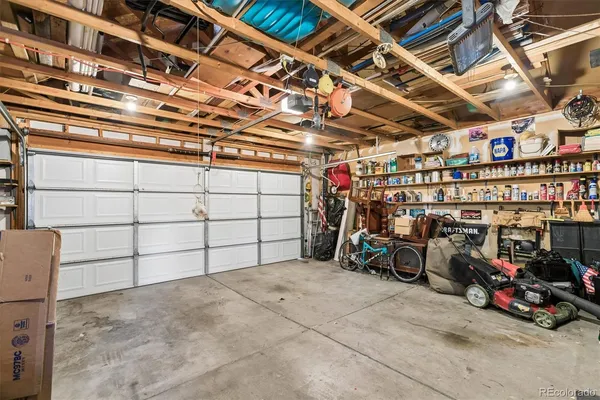 a view of a garage with storage