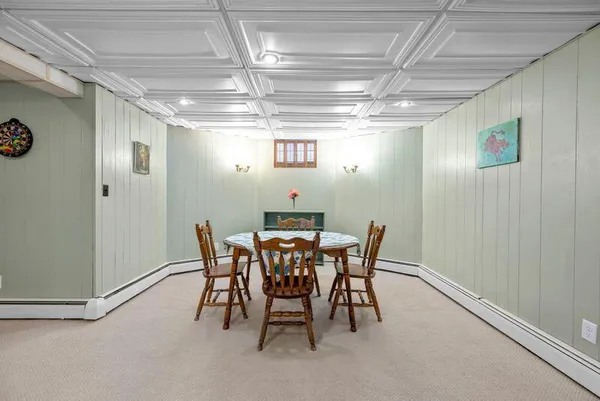 a view of a dining room with furniture