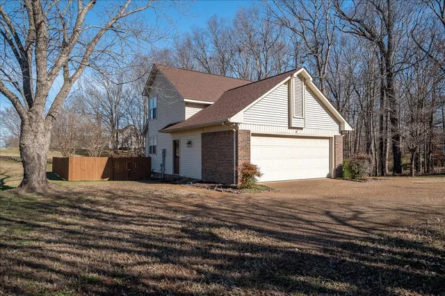 a view of a yard with large trees
