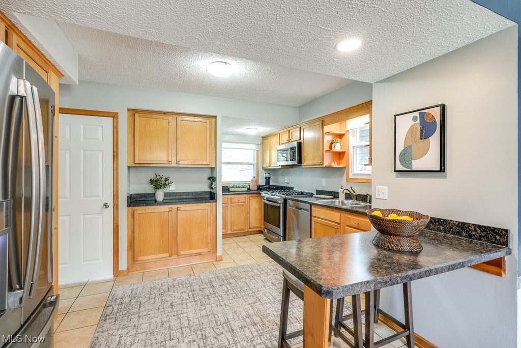 2340 Canterbury Road University Heights, OH 44118 - Photo 5 of 29 Kitchen with dark countertops, appliances with stainless steel finishes, open shelves, a sink, and light tile patterned floors