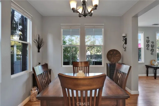 a dining room with furniture a potted plant and wooden floor