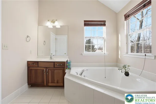 a bathroom with a tub sink and mirror