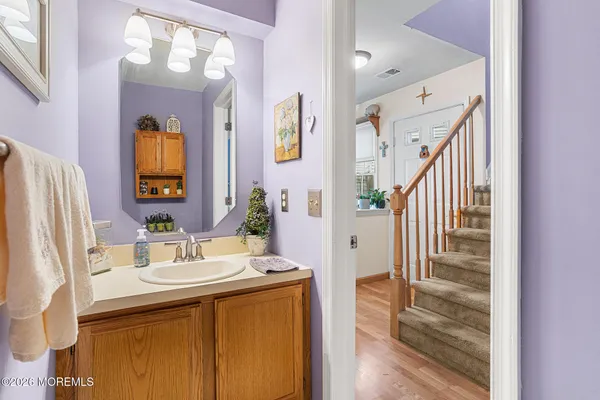 a bathroom with a sink a mirror and a shower