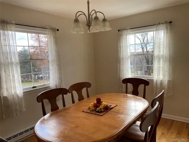 a dining room with furniture and window