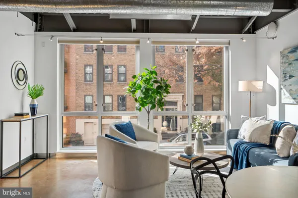 a living room with furniture and potted plant