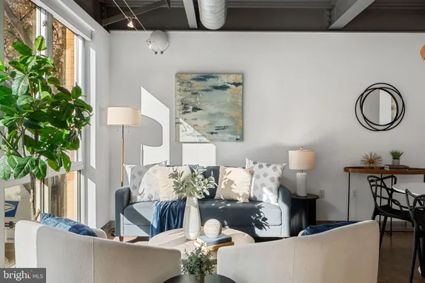 a living room with furniture and a potted plant
