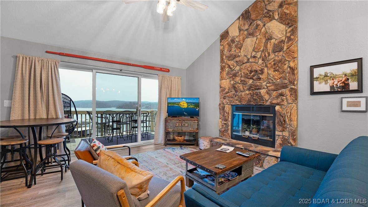 Lake views for miles, stone fireplace, and vaulted