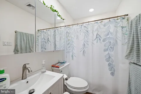 a bathroom with a sink a toilet and shower curtain